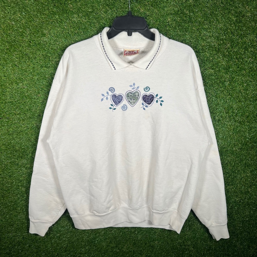 Vintage Top Stitch Morning Sun‎ Embroidered Heart Sweatshirt Cream Large